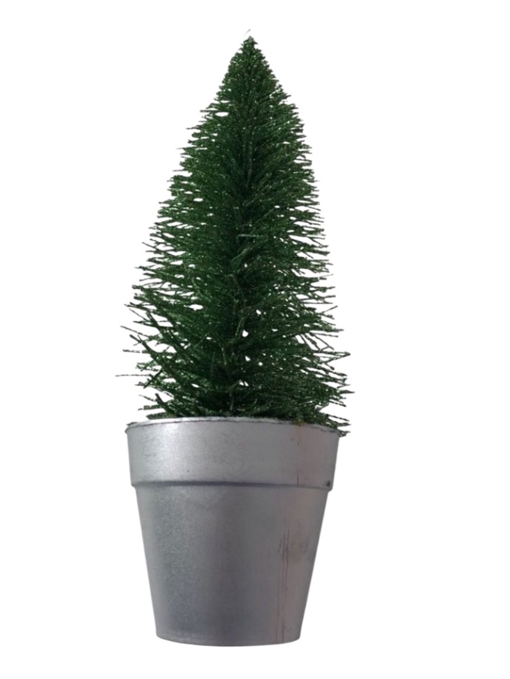 Sparkly glittery 10 inch high green Christmas tree in silver colored pot